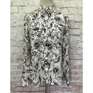 White House Black Market WHBM Womens Blouse Size 0 Button Up Ivory Black Floral
